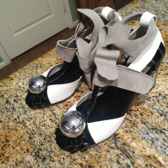 Rare Jeffrey Campbell Chaos Black White Leather Platform Heels Women's 6M